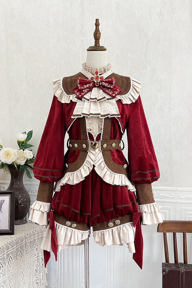 Red Courtly Stand Collar Long Sleeves Ruffle Classic Prince Ouji Lolita Set - Red - 1