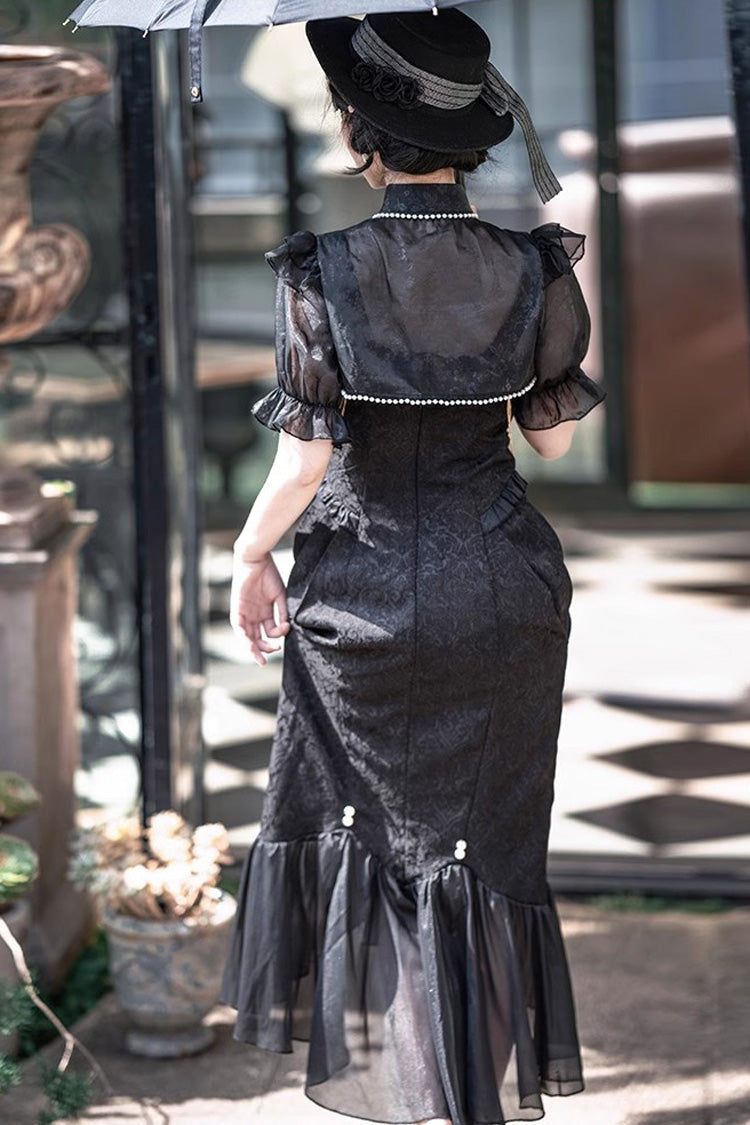 Black [Camellia 1.0] Sleeveless Jacquard Ruffle Lace Gothic Chinese Style Lolita Jsk Fishtail Dress - Product - 18