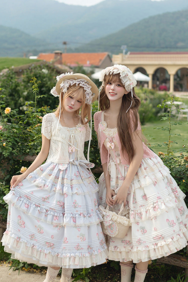 [Strawberry Garden] Sleeveless Multi-Layered Printed Ruffled Bow Sweet Lolita Jsk Dress 2 Colors - Beige - 2