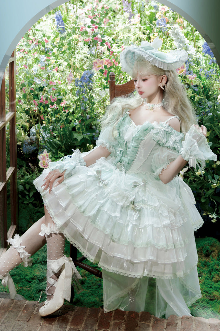 Green [Tulip and Wind Chime] Multi-Layered Ruffle Bowknot Lace Sweet Gorgeous Lolita Jsk Dress - Product - 14