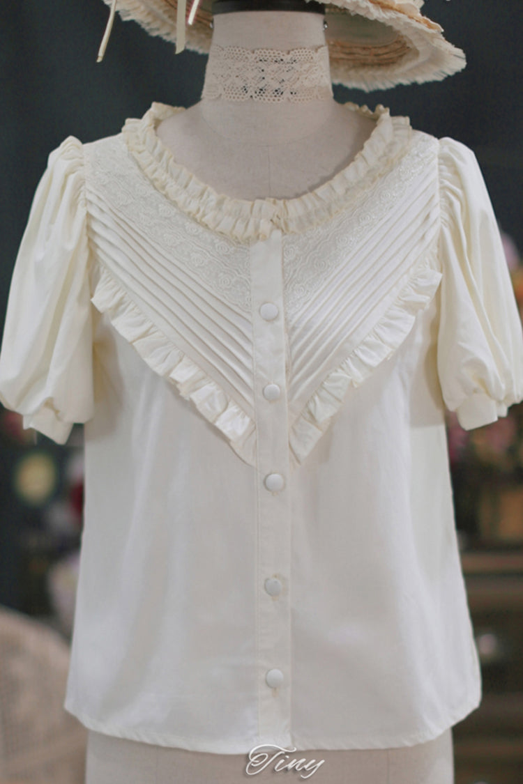 Elegant Short Sleeves Lace Round Neck Waves Dream Sweet Lolita Blouse 4 Colors - Ivory - 3