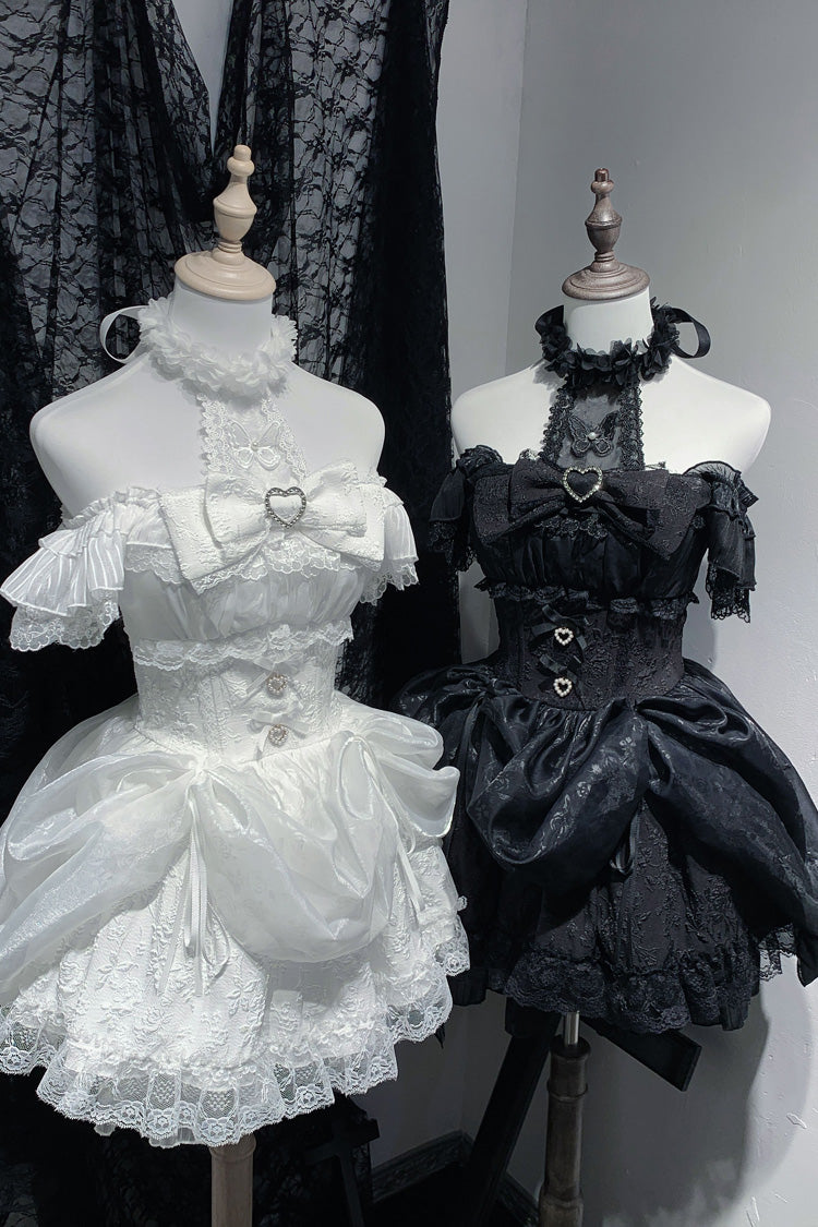 Black [Rose Dream] Halterneck Short Sleeves Print Ruffle Bowknot Lace Gothic Jirai Kei Dress - Product - 3