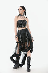 Black Eyelet Straps Women's High-Low Multi-Layered Ruffled Sheer Mesh Punk Skirt - Product - 7