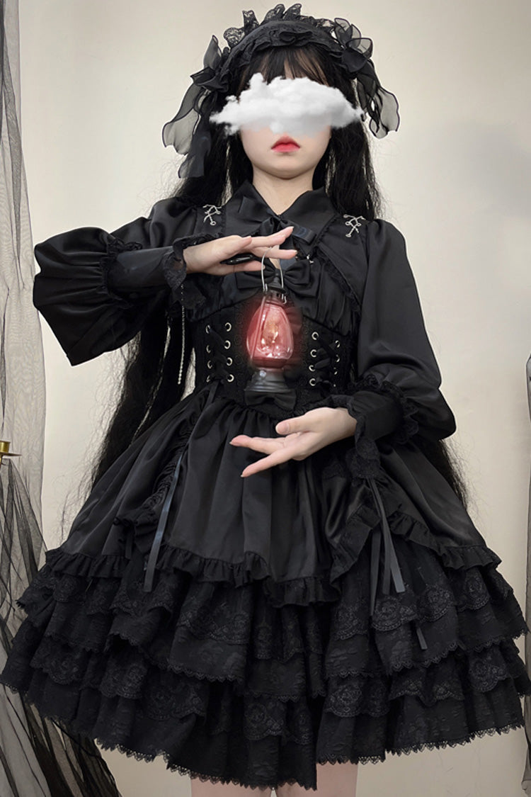 Black [Cross of Merit] Multi-Layered Bowknot Lace Gothic Lolita Jsk Dress - Black - 1