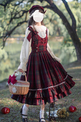 Red [Little Red Riding Hood] Double-Layered Plaid Print Ruffle Bowknot Sweet Vintage Lolita Jumper Dress - Product - 10