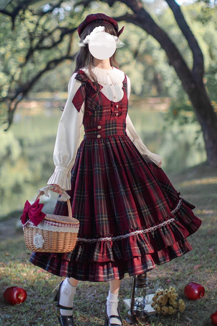 Red [Little Red Riding Hood] Double-Layered Plaid Print Ruffle Bowknot Sweet Vintage Lolita Jumper Dress - Product - 10