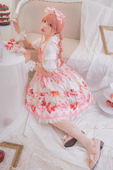 [Strawberry Feast] Sleeveless Printed Ruffled Bow Sweet Lolita Jsk Dress 4 Colors - Product - 6