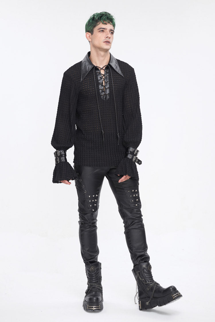 Black Studded Lace Up Leather Men's Punk Pants - Product - 6