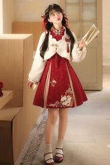 Red/White Stand Collar Long Sleeves High Waisted Embroidery Women's Sweet Chinese Style Hanfu Dress Two-piece Set - Red/White - 1