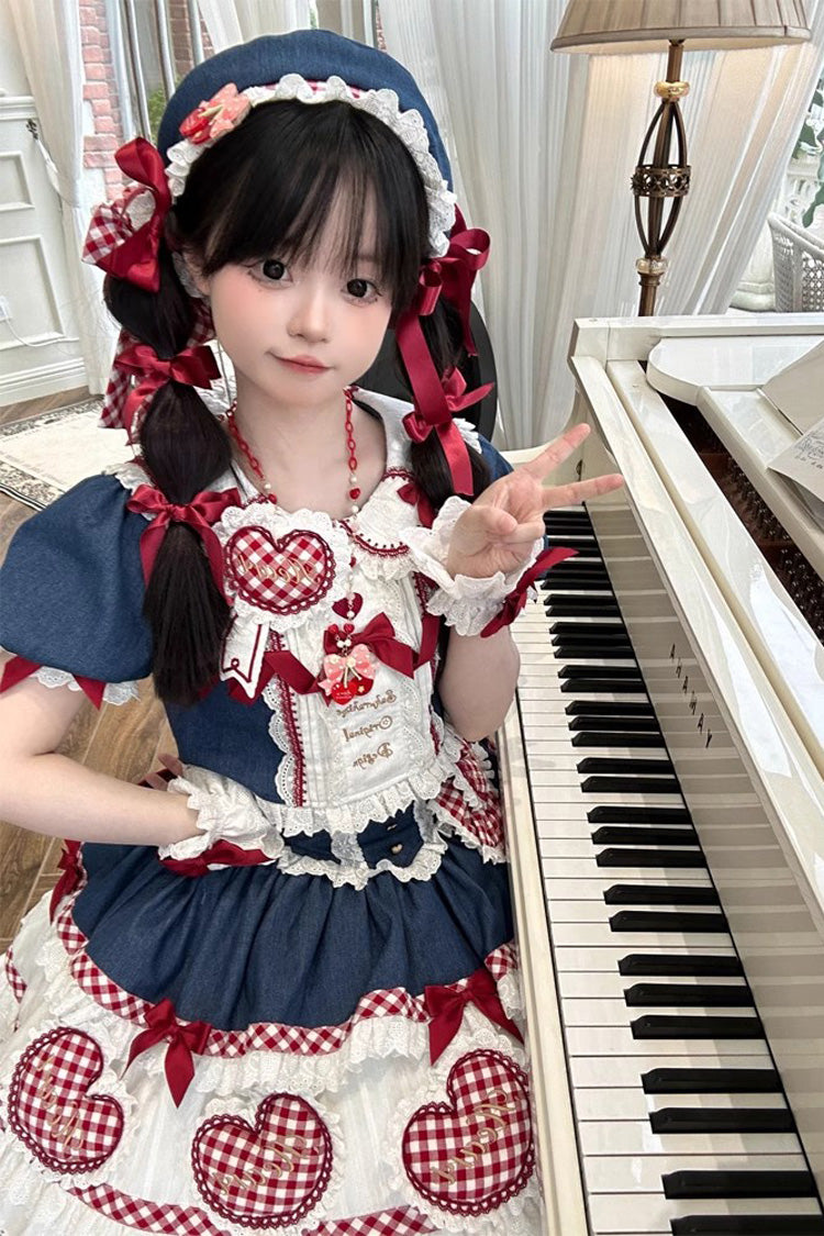 White/Blue/Red [Peach Heart Lilith] Ruffle Bowknot Lace Lace-Up Sweet Lolita Skirt Set - Product - 2