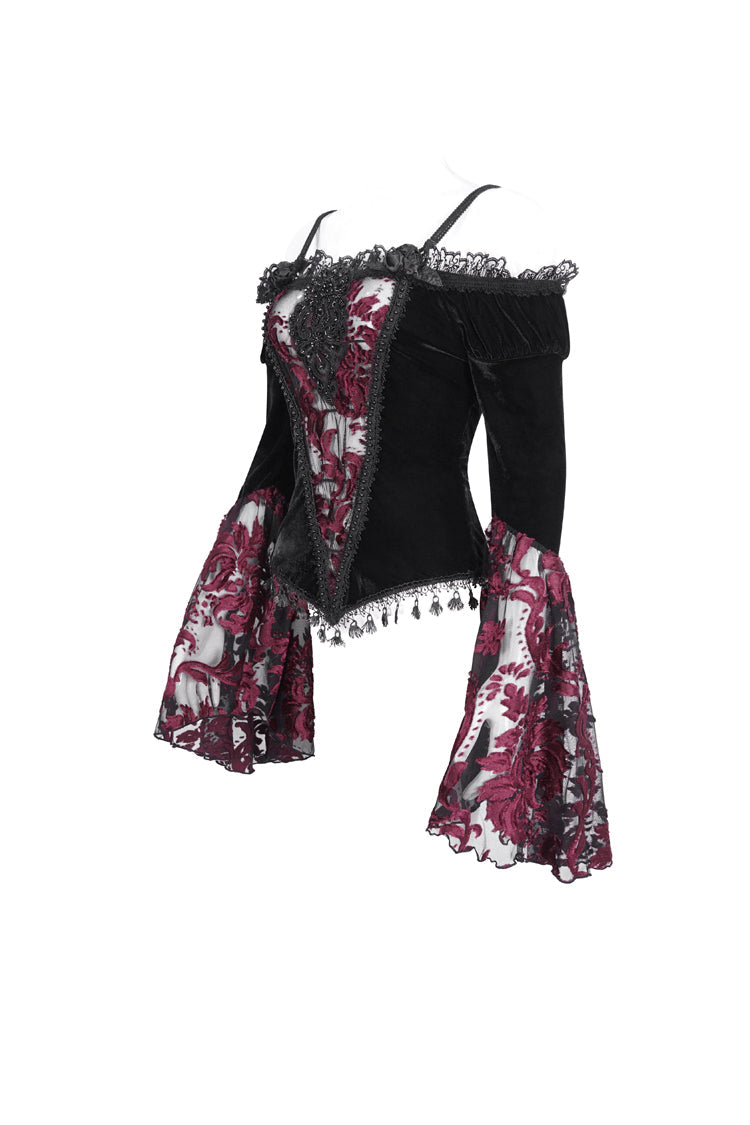 Black/Red Off Shoulder Trumpet Sleeves Embroidery Lace Women's Gothic Blouse - Product - 7