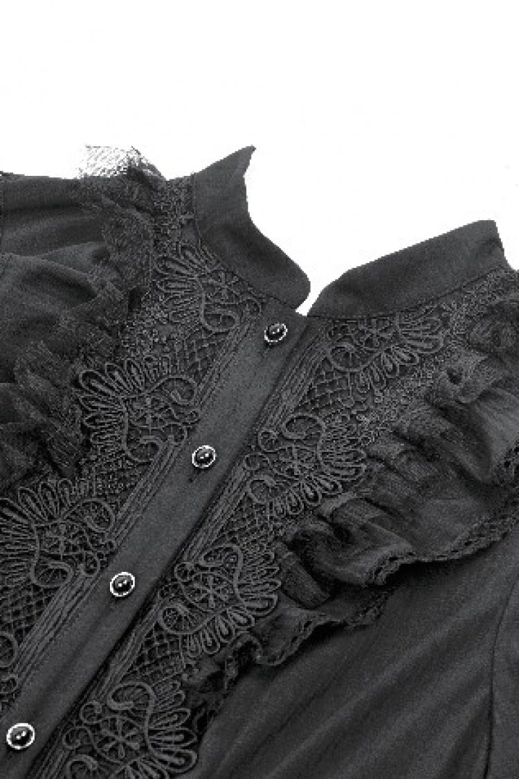 Black Long Bishop Sleeves Double-Layered Lace Hem Lace-Up Women's Gothic Dress - Product - 12