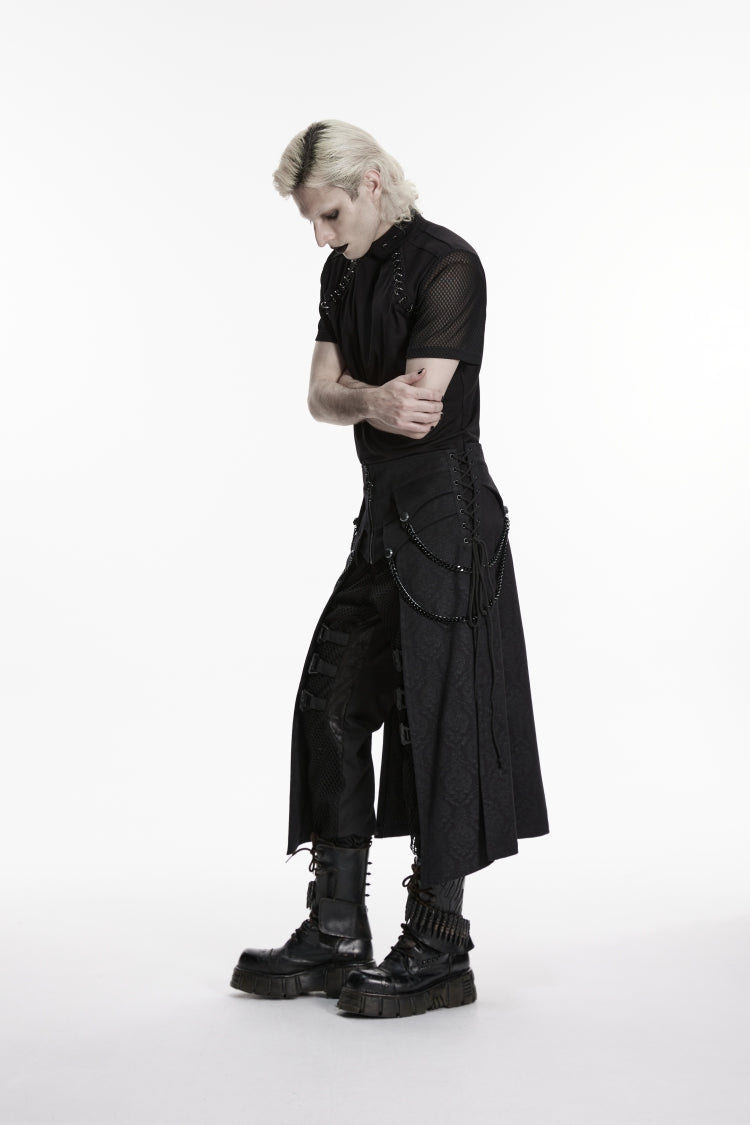 Black Printed Lace-Up Zippered Chain-Decorated Men's Punk Skirt - Product - 4