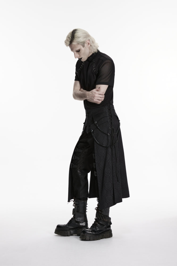 Black Printed Lace-Up Zippered Chain-Decorated Men's Punk Skirt - Product - 4