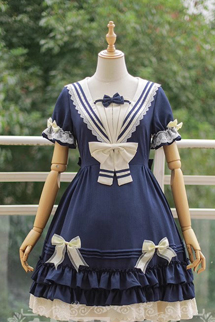 Rhine River Navy Style Short Sleeves Bowknot Sweet Lolita Dress 4 Colors - Blue - 1