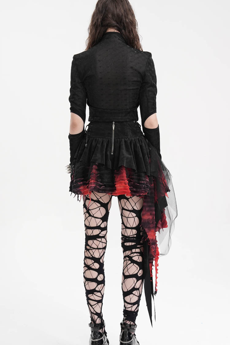 Black/Red Stitching Irregular Mesh Women's Gothic Skirt - Product - 5