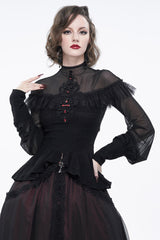 Black Retro Perspective Sexy Turtleneck Lace Panel Mesh Lantern Sleeve Women's Gothic T-Shirt - Product - 3