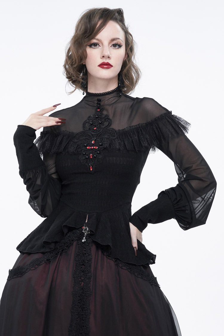 Black Retro Perspective Sexy Turtleneck Lace Panel Mesh Lantern Sleeve Women's Gothic T-Shirt - Product - 3