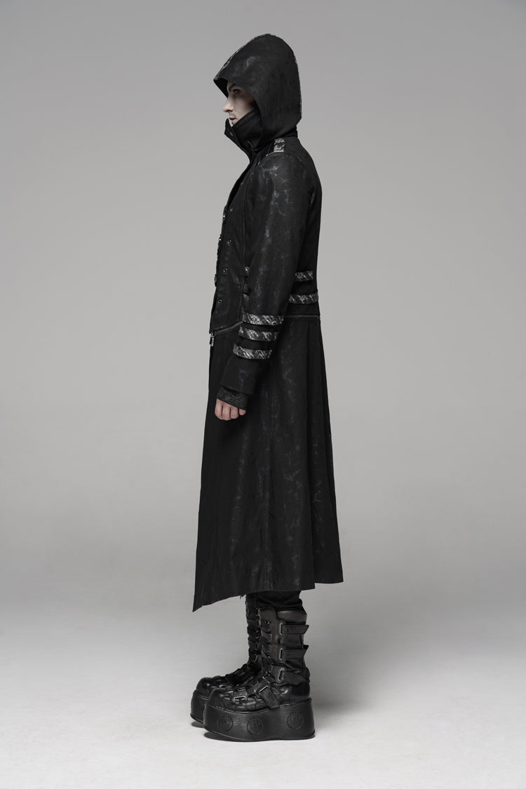 Black Stand Collar Stretch Twill Fabric Hooded Men's Gothic Long Jacket - Product - 6