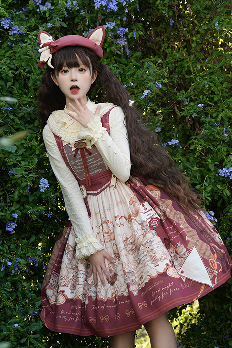 Wine Red [Fox Band] Print Square Collar Bowknot Classic Lolita Jumper Dress - Product - 7