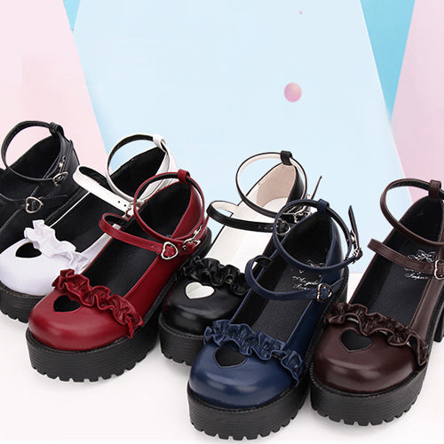 Round Toe Hollow Out Heart Shape Ruffle School Sweet Lolita Shoes - Product - 10