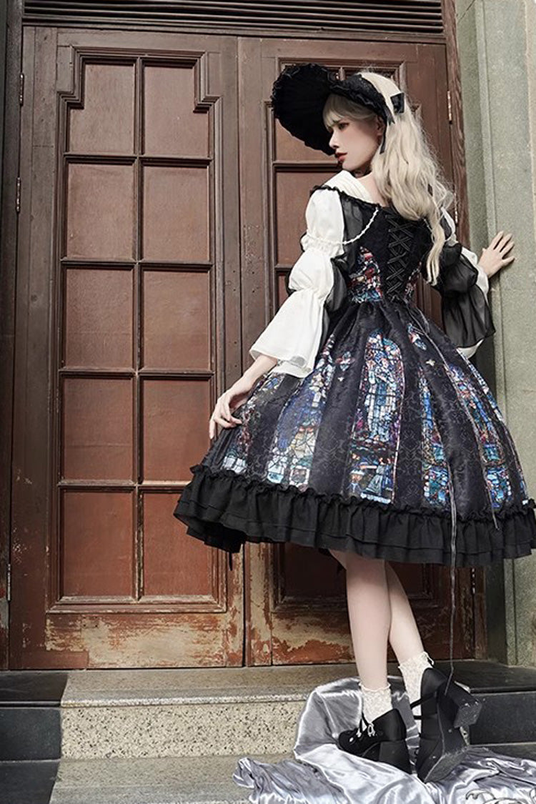 Black Stained Window Print Ruffle Bowknot Gothic Elegant Lolita Jsk Dress - Product - 15