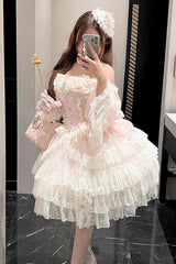 Princess Off Shoulder Multi-Layered Ruffle Bowknot Lace Sweet Elegant Lolita Strapless Dress - Product - 10