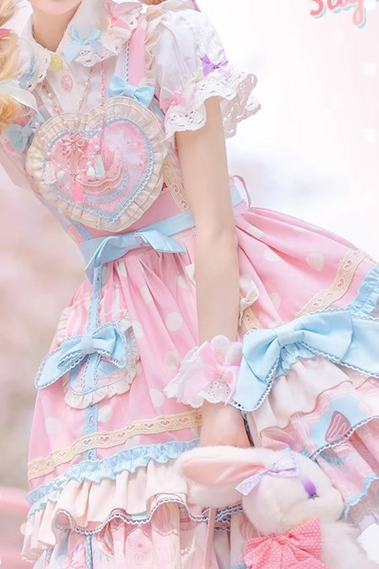 Pink [Frosted Sugar Sweetheart] Double-Layered Print Ruffle Bowknot Sweet Princess Lolita Jsk Dress - Product - 3