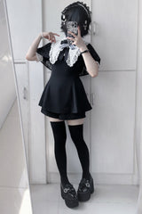 Choir Fake Collar Short Sleeves Lace Jirai Kei Japanese Dress Set 2 Colors - Black - 7