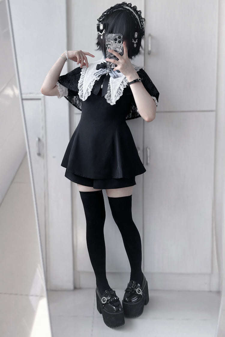 Choir Fake Collar Short Sleeves Lace Jirai Kei Japanese Dress Set 2 Colors - Black - 7