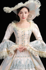Blue/Champagne Trumpet Sleeves High Waisted Ruffled Multi-Layer Hollow Embroidery Print Victorian Lolita Prom Dress - Product - 4