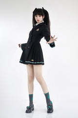 Black Long Sleeves Ginkgo Leaves Japanese School Suit Dress - Product - 2