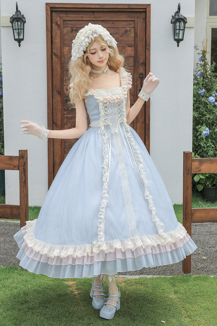 Blue [Island Diary] Square Collar Flutter Sleeves Triple-Layered Ruffled Lace-Up Sweet Lolita Jsk Dress 2 Versions - Product - 16