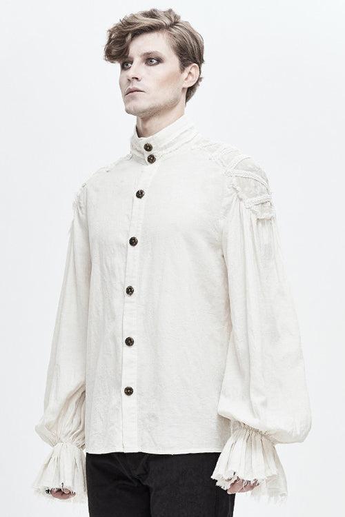 White Straight Collar Puff Sleeve Jacquard Mens Punk Blouse - Product - 2