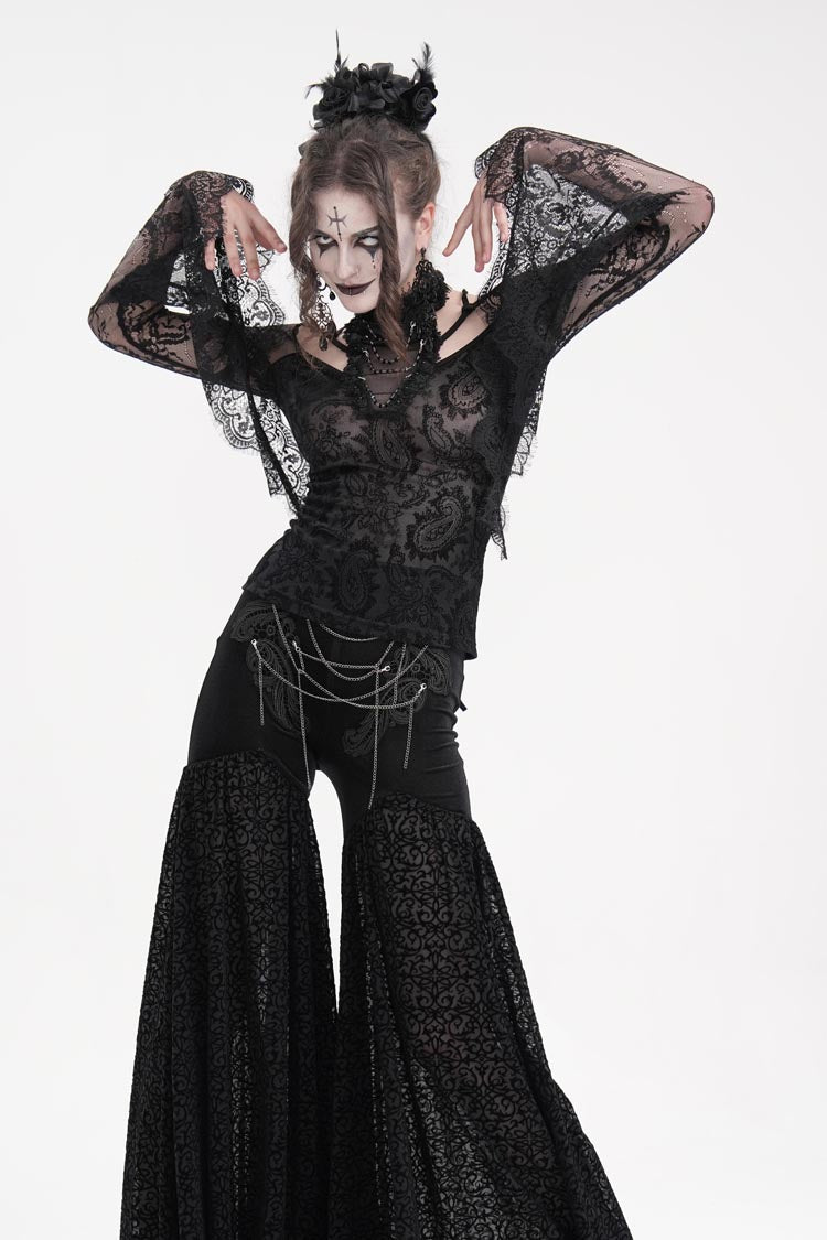 Black Long Sleeves Hollow Lace Mesh Ripped Women's Gothic Blouse - Product - 7