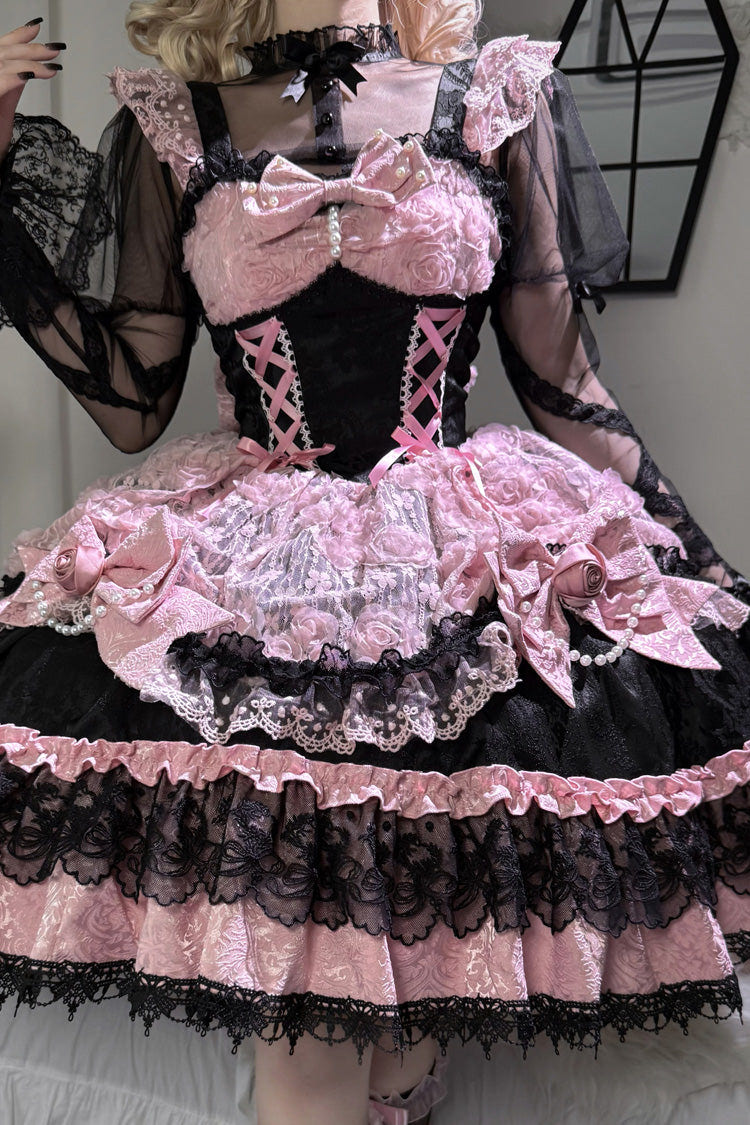 Black/Pink [Rose Princess] Sleeveless Ruffle Bowknot Lace Lace-Up Sweet Ballet Lolita Jsk Dress - Product - 2