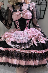 Black/Pink [Rose Princess] Sleeveless Ruffle Bowknot Lace Lace-Up Sweet Ballet Lolita Jsk Dress - Product - 2
