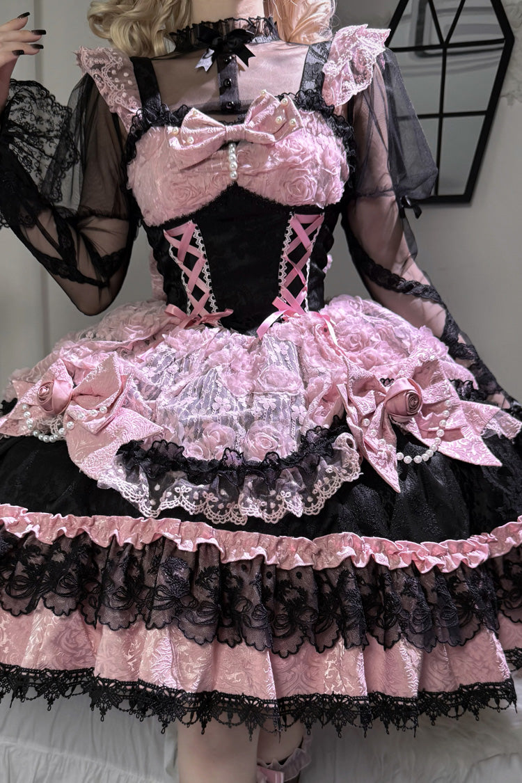 Black/Pink [Rose Princess] Sleeveless Ruffle Bowknot Lace Lace-Up Sweet Ballet Lolita Jsk Dress - Product - 2