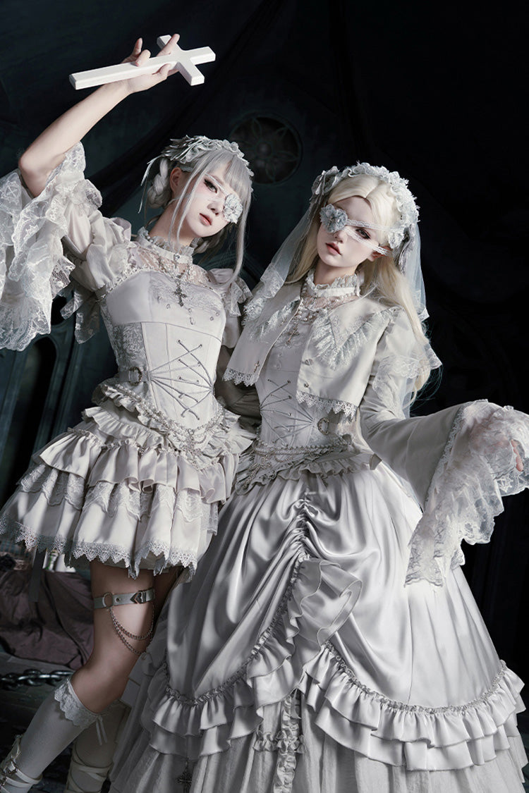 Solid Color [Bionic Doll] Square Collar Multi-Layered Ruffle Bowknot Lace-Up Gothic Lolita Long Skirt Corset Set - Product - 9