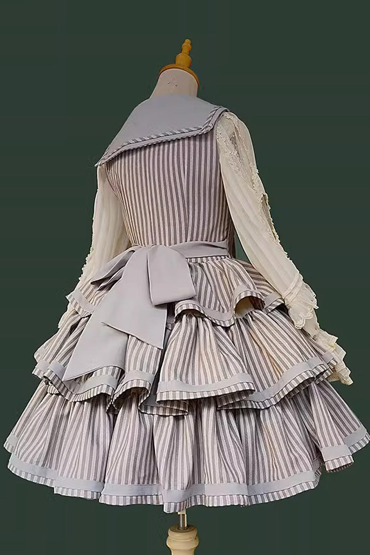 [From the Other Side] Sleeveless Triple-Layered Vertical Stripes Print Print Ruffle Bowknot Sweet College Style Lolita Jsk Dress - Product - 11
