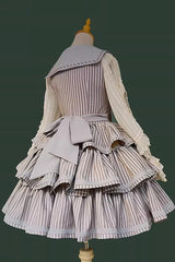 [From the Other Side] Sleeveless Triple-Layered Vertical Stripes Print Print Ruffle Bowknot Sweet College Style Lolita Jsk Dress - Product - 11