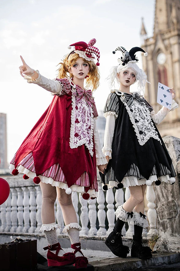 Red [Letters and Poems · Doll Mask] Poker Clown Long Sleeves Ruffled Bow Gothic Lolita Dress Set - Product - 7
