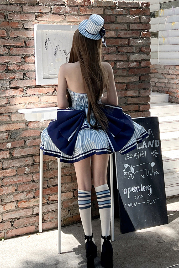 Blue [Sailing Sweetheart] Double-Layered Vertical Stripes Print Ruffle Bowknot Sweet Lolita Dress - Product - 16