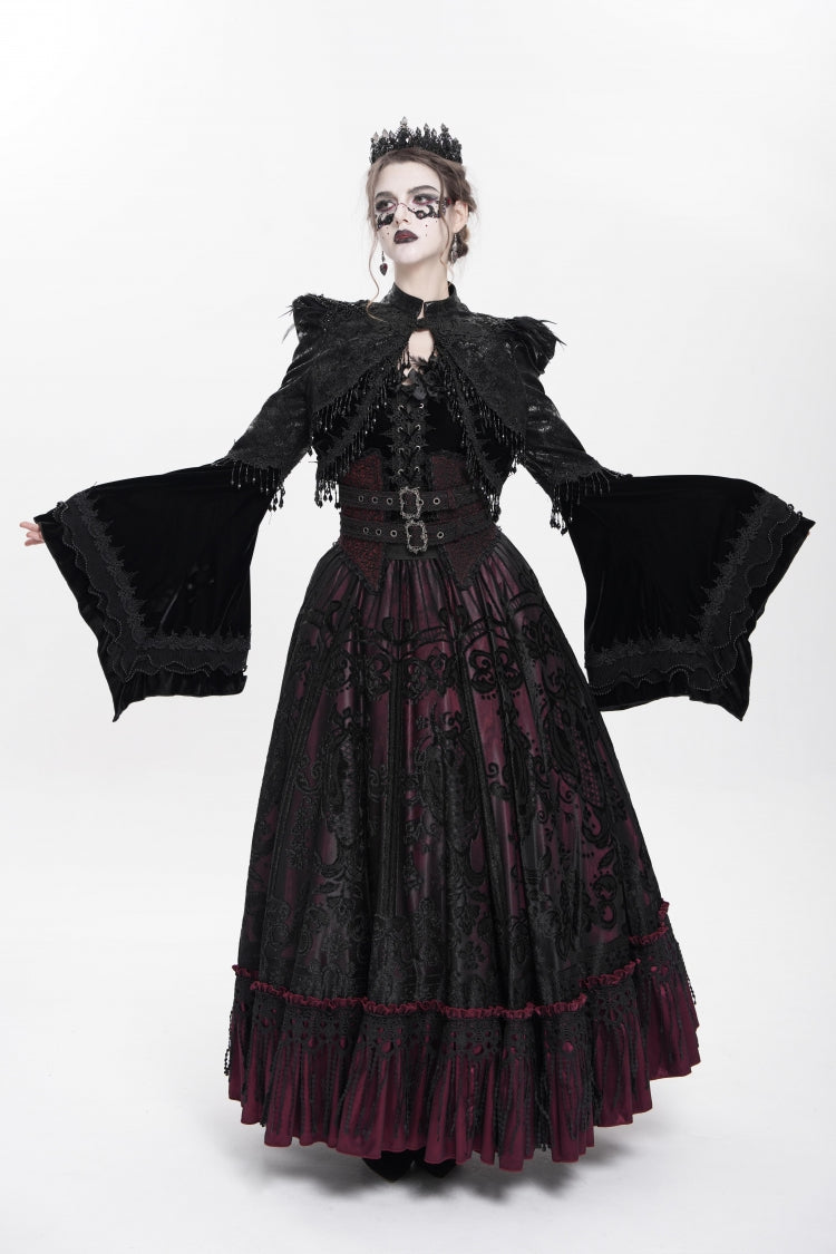 Black Long Sleeves Floral Embroidery Women's Gothic Beaded Frog Short Jacket - Product - 7