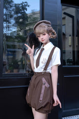 Brown Bunny Detective Short Sleeves Prince Ouji Lolita Shorts and Blouse Set - Product - 3