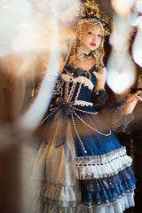 Blue Gorgeous Starry Sky Bowknot Pearl Chain Decoration Multi-Layer Ruffled Sweet Lolita JSK Tiered Dress - Product - 4