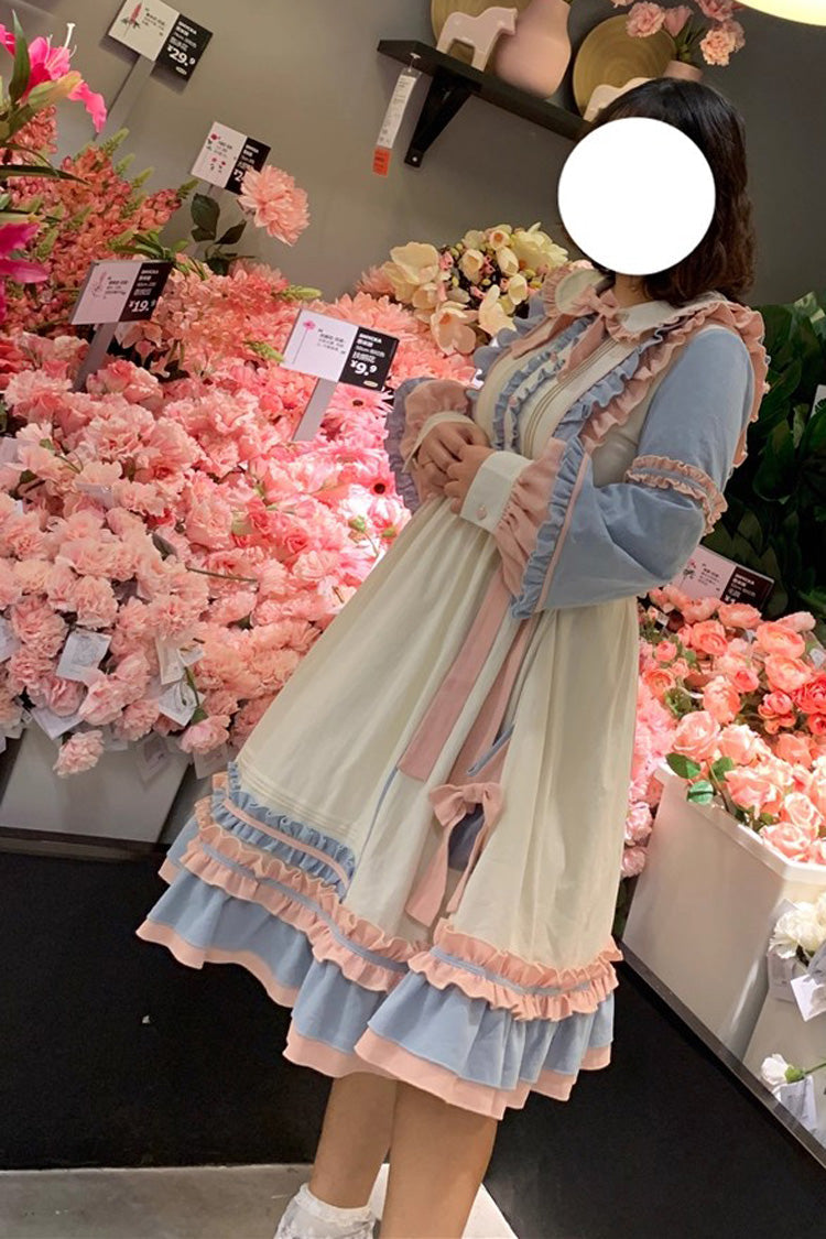 Blue/Pink [Sweetheart Puff] Doll Collar Long Sleeves Ruffle Bowknot Sweet Plus Size Lolita Dress - Product - 4