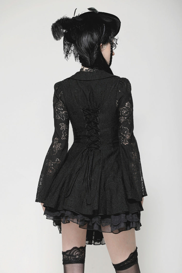 Black Long Trumpet Sleeves Embroidered Lace Lace-Up Women's Gothic Honeymoon Dress - Product - 4
