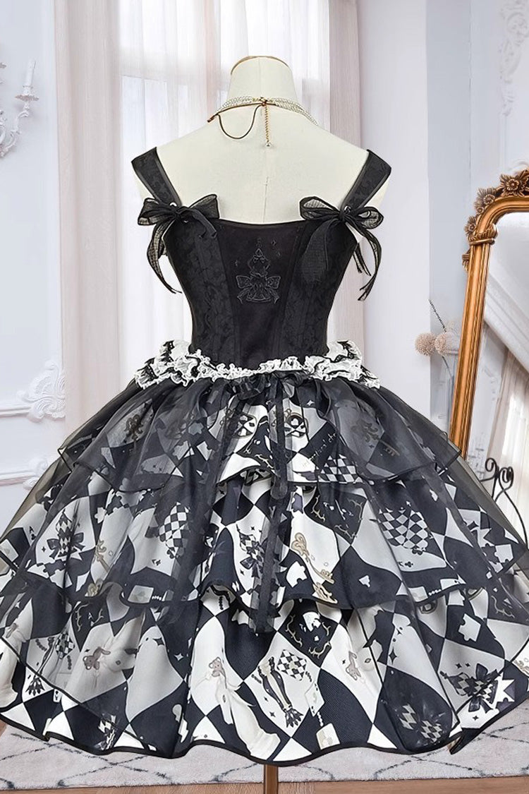 Black/White [Board Games] Triple-Layered Print Ruffle Vintage Lolita Skirt - Product - 13