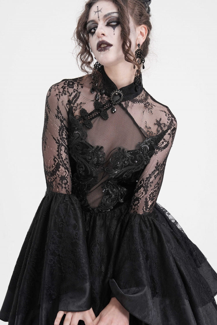 Black Long Sleeves Embroidery Lace Lace-Up Irregular Sheer Mesh Women's Gothic Dress - Product - 10